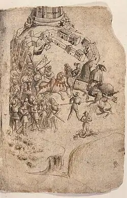 A torn manuscript page with a medieval line-drawing of a battle.