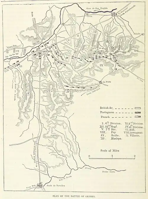 Un mapa de la batalla de Orthez impreso en negro sobre un fondo de color tostado claro.
