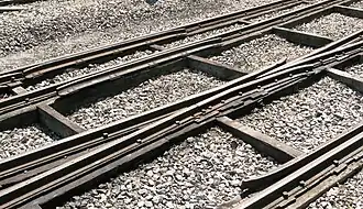 Tres carriles cruzan la imagen de izquierda a derecha, apoyados en gruesas maderas; ocasionales vigas más pequeñas se cruzan entre estos largueros y el balasto rellena el espacio entre ellos.