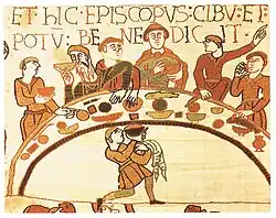 Banquete representado en el tapiz de Bayeux, siglo XI.