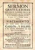 Sermón que celebra el nacimiento de los infantes Carlos y Felipe y la paz con Inglaterra (1784)