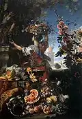 Fleurs, fruits et femme cueillant du raisin, par Christian Berentz, 1689.