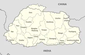A map of Bhutan showing its 20 dzongkhags.