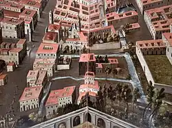 Vista del antiguo Convento de San Francisco, la Acequia Real, el puente de san Francisco y calles del Puente de San Francisco, de Corpus Christi y del Calvario, hoy Avenida Juárez.