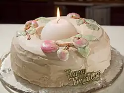 Pastel de cumpleaños con una sola vela con mensaje en inglés