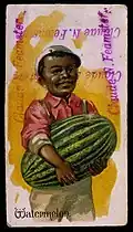 Litografía de un niño negro sosteniendo una sandía, aproximadamente de 1850 - 1900.