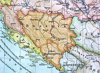 Mapa histórico que muestra la región de Bosnia (norte) y Herzegovina (sur).