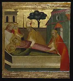 Lorenzo di Niccolò, San Lorenzo enterrado en la tumba de San Esteban, 1410–1414, témpera y dorado sobre tabla, 33 × 36 cm