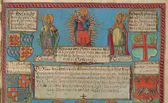 Documento de la abadía imperial de Buchau, ilustrado con los escudos y las imágenes patronos y fundadores, presididos por la Virgen con el Niño, 1605.