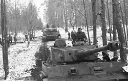 Dos tanques Panzer VI Tiger I avanzan por un bosque nevado en el área de Kirovogrado.