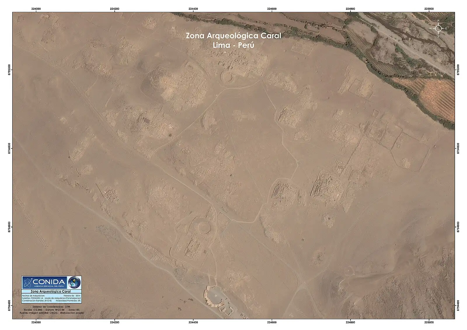 Pirámide Mayor de Caral, imagen aérea tomada desde el satélite PeruSat-1.