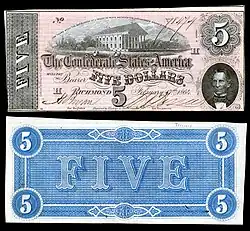 Capitolio del Estado de Virginia representado en un billete de 5 dólares confederados de 1864
