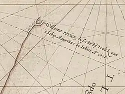 Caert van't Landt van d'Eendracht (detail showing Willem River) - Chart by Hessel Gerritsz, also written "Hessel Gerritszoon".