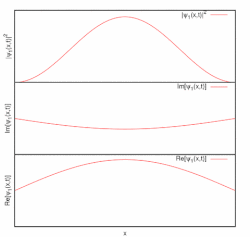 Representación de la parte real, parte imaginaria y la densidad de probabilidad del estado fundamental de una partícula en una caja de longitud L '"`UNIQ--postMath-0000000C-QINU`"'. Nótese que la densidad de probabilidad no varía con el tiempo, consecuencia de que es un estado estacionario.