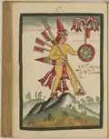 Representación de Camaxtli, Dios tlaxcalteca de la guerra. Nótese en su espalda unas banderas.