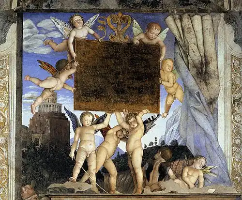 Putti sosteniendo la placa de dedicación en la Cámara de los esposos