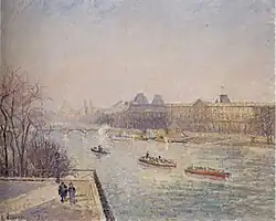 Pissarro, Mañana, sol invernal, 1901. Imagen con el Pont-Neuf, el río Sena y el Louvre, París. Academia de Artes, Honolulu.
