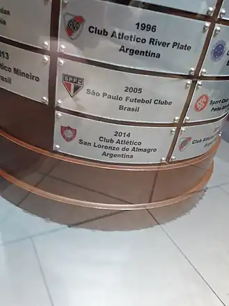 Chapa de River Plate en la Copa Libertadores de América correspondiente a la consagración en 1996.
