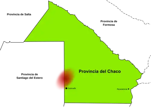Mapa de la provincia del Chaco y de Santiago del Estero en el que se resalta en rojo el área estimada que sufrió el impacto, y en la que se encontraron cráteres y fragmentos.
