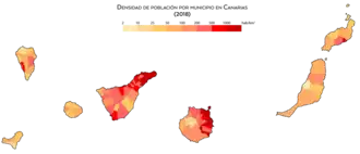 Densidad de población por municipio en Canarias