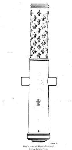 Boceto de un cañón del período Luis XIV, probablemente de la batalla de Jijel (1664), encontrado en la Kalâa des Beni Abbès.[31]​