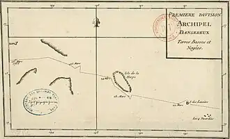 Carta de navegación con parte de la ruta de Bougainville por Tuamotu, (1768), similar en este tramo a la que hizo Cook. Aparecen los atolones de Vahitahi (Les 4 Facardins), Akiaki (l'île des Lanciers) y Hao (l'île de la Harpe). Biblioteca Nacional de Francia.