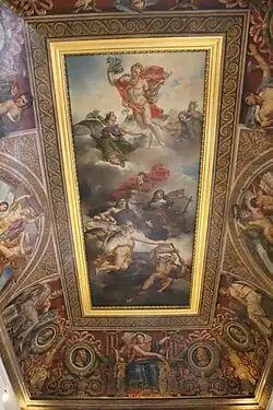 Cielorraso neoclásico de la Sala Duchâtel del palacio del Louvre, con El triunfo de la pintura francesa. Apoteosis de Poussin, Le Sueur y Le Brun en el centro, de Charles Meynier, 1822, y paneles del techo con medallones de retratos de pintores franceses, 1828-1833[20]​