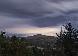 Fotografía nocturna del Cerro Quilish visto entre árboles de pino.
