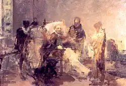 Cervantes escribiendo la célebre dedicatoria al conde de Lemos, obra de Eugenio Oliva hacia 1881.