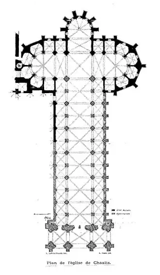 Planta de la iglesia abacial (dibujo de Eugène Lefèvre-Pontalis. Extraído de L'église abbatiale de Chaalis (Oise), Caen, Henri Delesques Imprimeur-éditeur, 1903)