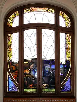 La Química, vidriera de la Cámara de Comercio e Industria de Meurthe-et-Moselle de Gruber.