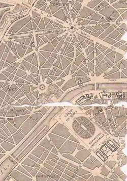 Plano de Paris (1867) con el edificio de la exposición universal de ese año en el Campo de Marte