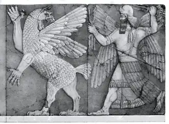Ninurta (derecha) combatiendo a Anzû (izquierda), representado como una quimera león-águila. Templo de Ninurta, en Irak, siglo IX a. C.