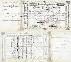 Ação da Charles Pratt & Company no valor de $100, emitida em Nova Iorque em 2 de abril de 1883 para H. H. Rogers e endossada pelo seu próprio punho no verso