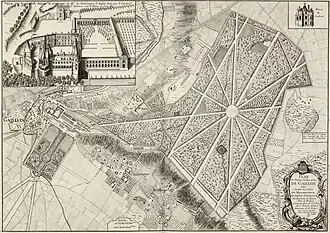 Planta del château y de los jardines en 1748 por Le Tellier.