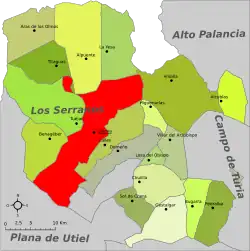 Localización de Chelva respecto a la comarca de Los Serranos