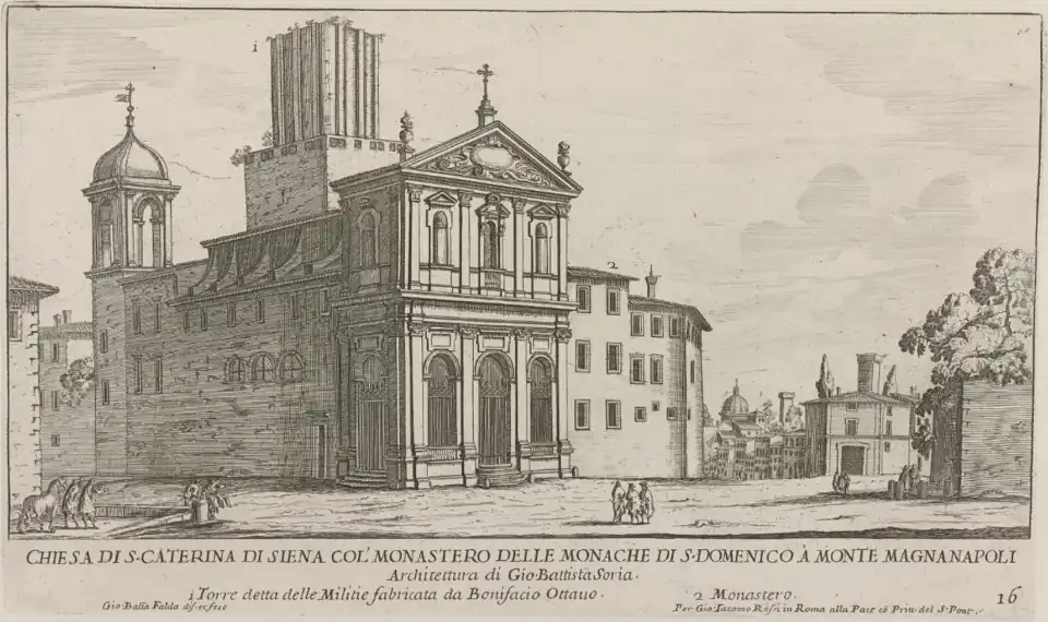 Grabado de c. 1667-1669 por Giovanni Battista Falda que muestra la iglesia al nivel de la calle original.