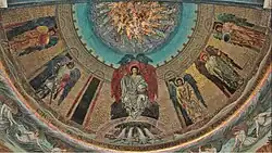 Mosaico en la semi-cúpula de la Iglesia de San Pablo Intramuros en Roma, representa a Cristo entronizado en la Jerusalén celestial con los cinco arcángeles, de izquierda a derecha: Uriel, Miguel, Gabriel, Chemuel (con una copa), y Zophiel.[7]​