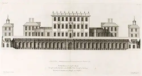 Cliveden House de 1666. Hoy sólo queda la terraza porticada. (de la obra de Colen Campbell, Vitruvius Britannicus, c.1717).