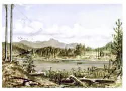 Pintura de una cabaña del telégrafo de Collins Overland