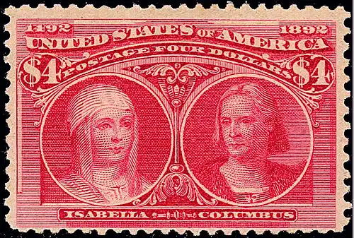Sello de 4 $. Isabel y Colón. Fue el primer sello de Estados Unidos con el retrato de una mujer. El siguiente con una mujer representaba a Martha Washington y se emitió en 1902.[102]​