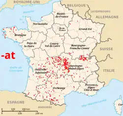 Terminaciones en -at, derivadas de -acum, abundantes en Auvernia y el Lemosín.