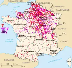 Terminaciones en -y, -igny, -illy. Al sur, -y no provisto de -i-acum, por ejemplo la terminación -uby al sudoeste.