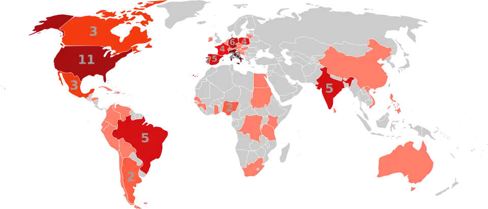 Mapa de los Cardenales por País