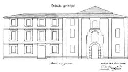 Fachada principal del antiguo Convento de Agonizantes en 1870. Plano de Cirilo Vara y Soria