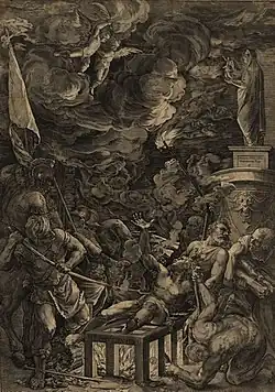 El martirio de san Lorenzo, grabado de Cort reproduciendo un original de Tiziano.