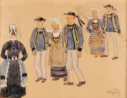 Trajes bretones, gouache, Quimper, museo departamental bretón .