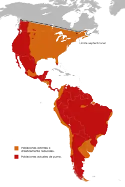 Distribución del puma. En rojo poblaciones sobrevivientes. En naranja poblaciones extintas o muy reducidas.