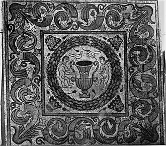 Cuadro central del mosaico de la habitación 5 (Taracena y Vázquez de Parga, 1949)