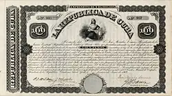 Bono de 100 pesos para financiar el levantamiento en Cuba contra la potencia colonial España, emitido el 1 de junio de 1869 en Nueva York por el gobierno cubano en el exilio, firmado en el original por José Morales Lemus como Presidente de la Junta Central Republicana de Cuba y Puerto Rico